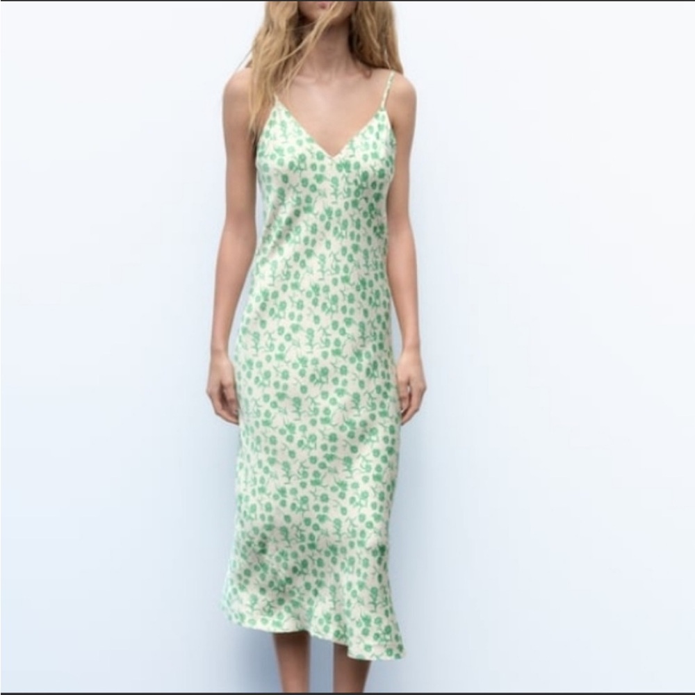Zara green and white floral  midi slip dress